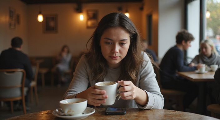 Een vrouw zit in een café, verdiept in een datingprofiel voor donkere vrouwen dating.