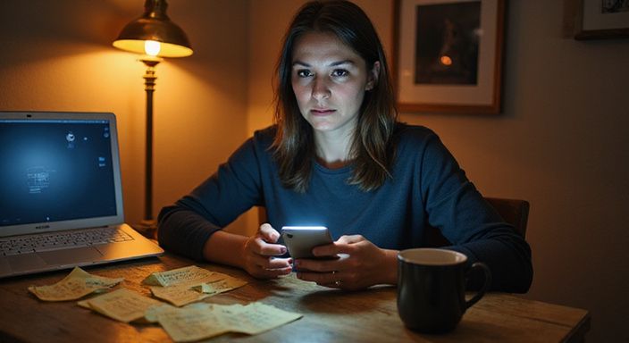 Een bezorgde vrouw bestudeert haar smartphone in een thuiskantoor.