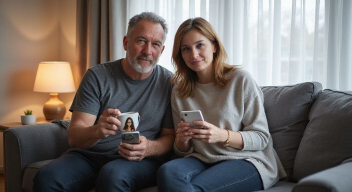 Een middel ouder echtpaar op een bank met smartphones in de hand.