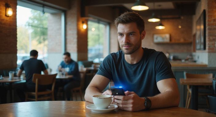 Een man in een café kijkt naar een datingapp voor top adult dating sites in Nederland op zijn telefoon.